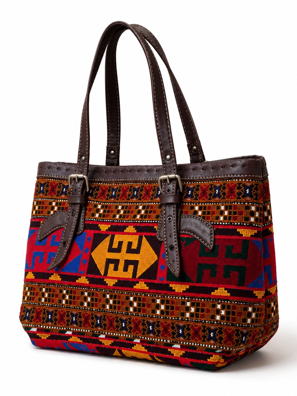 Turkish Kilim Carpet Vintage-Style Tote Bag Leather Trim and Handles